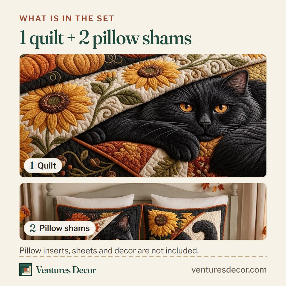 What is in the set: one quilt and two pillow shams, shown in the Peeking Cat Pumpkin Field design