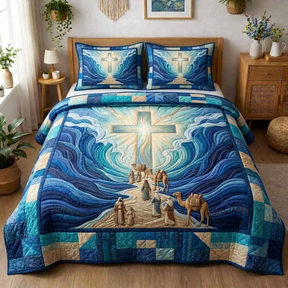 Pesach Blessing quilted bedding set, quilt and two pillow shams on a made bed