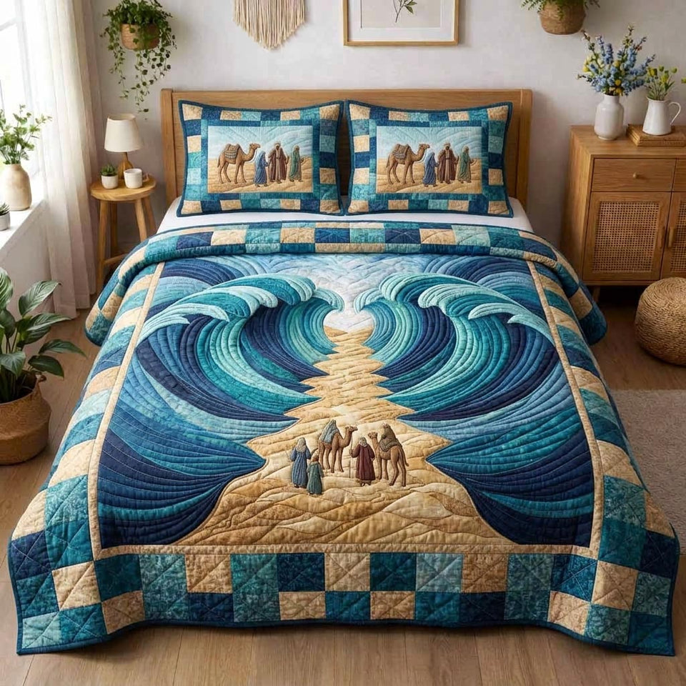Pesach Heritage quilted bedding set, quilt and two pillow shams on a made bed