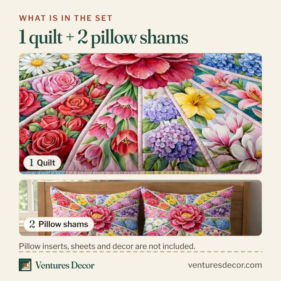What is in the set: one quilt and two pillow shams, shown in the Petal Burst design
