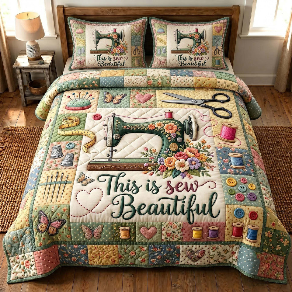 Petal Stitchery Green Machine and Scissors quilted bedding set, quilt and two pillow shams on a made bed