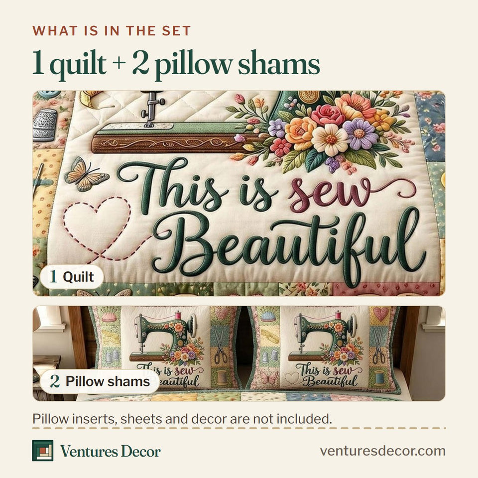 What is in the set: one quilt and two pillow shams, shown in the Petal Stitchery Green Machine and Scissors design