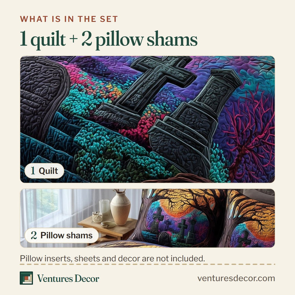 What is in the set: one quilt and two pillow shams, shown in the Phantom Hollow Amber Moon Crypt design