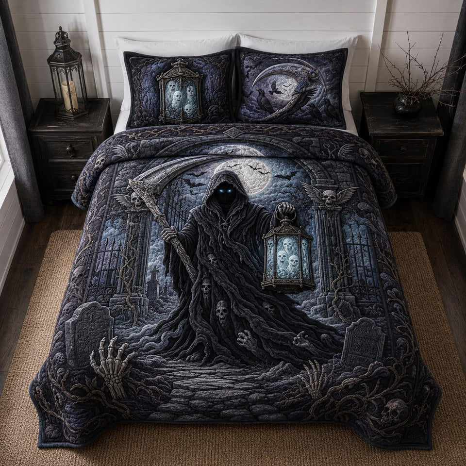 Phantom Hollow Reaper with Lantern quilted bedding set, quilt and two pillow shams on a made bed