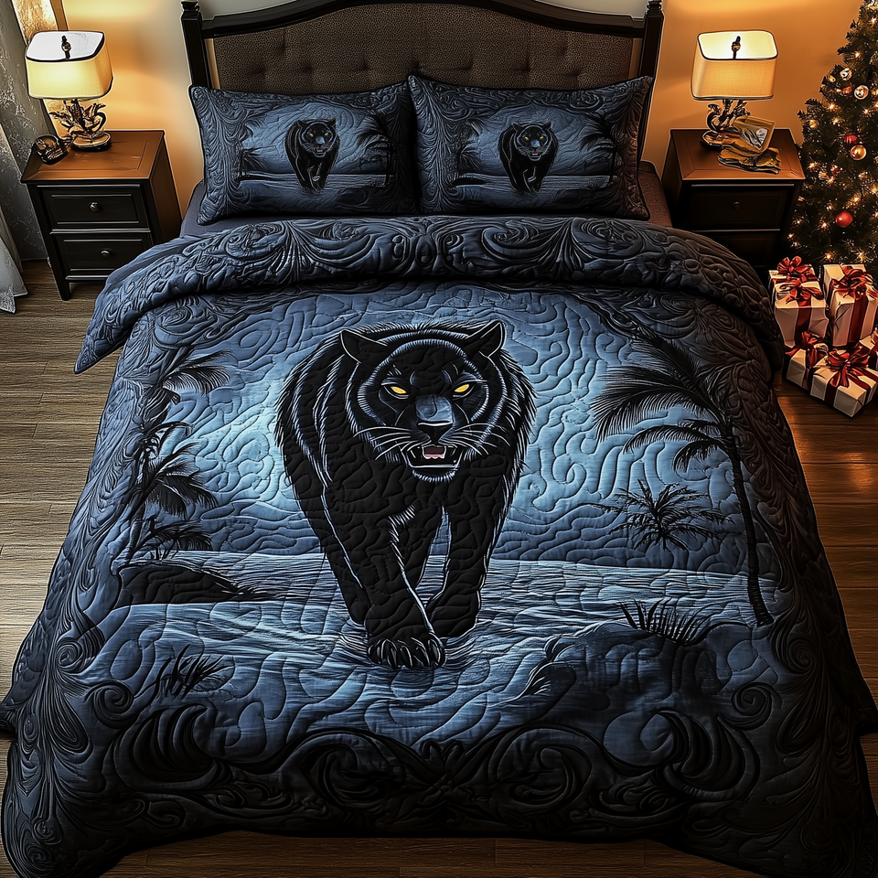 Phantom Panther quilted bedding set, quilt and two pillow shams on a made bed