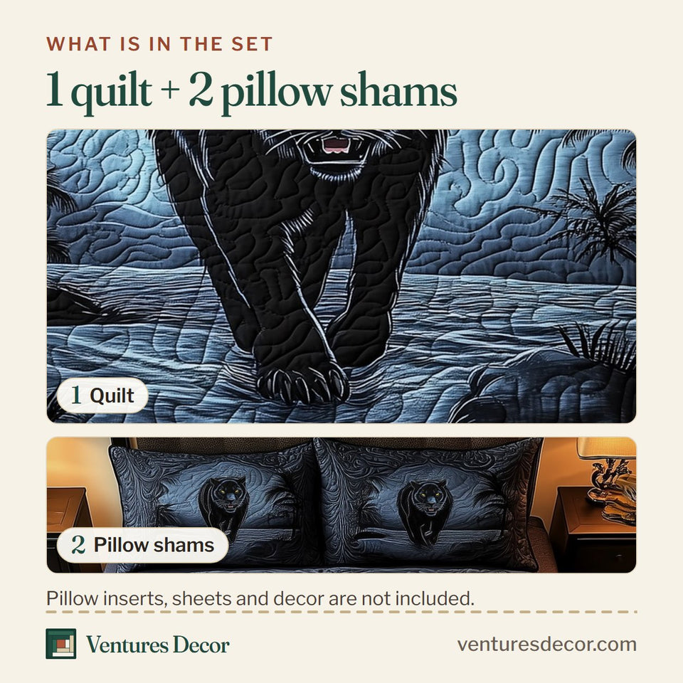 What is in the set: one quilt and two pillow shams, shown in the Phantom Panther design