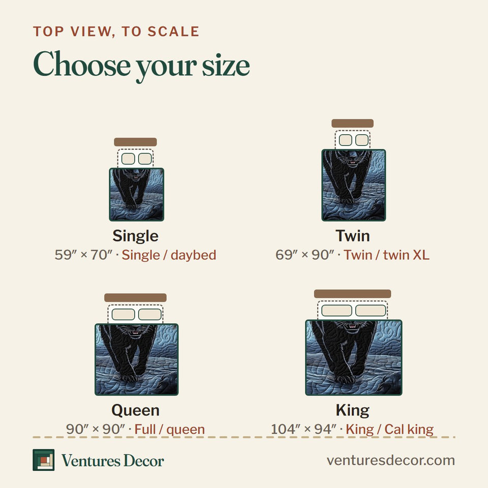 Size guide for the Phantom Panther quilt, top view to scale: Single 59 x 70 in, Twin 69 x 90 in, Queen 90 x 90 in, King 104 x 94 in