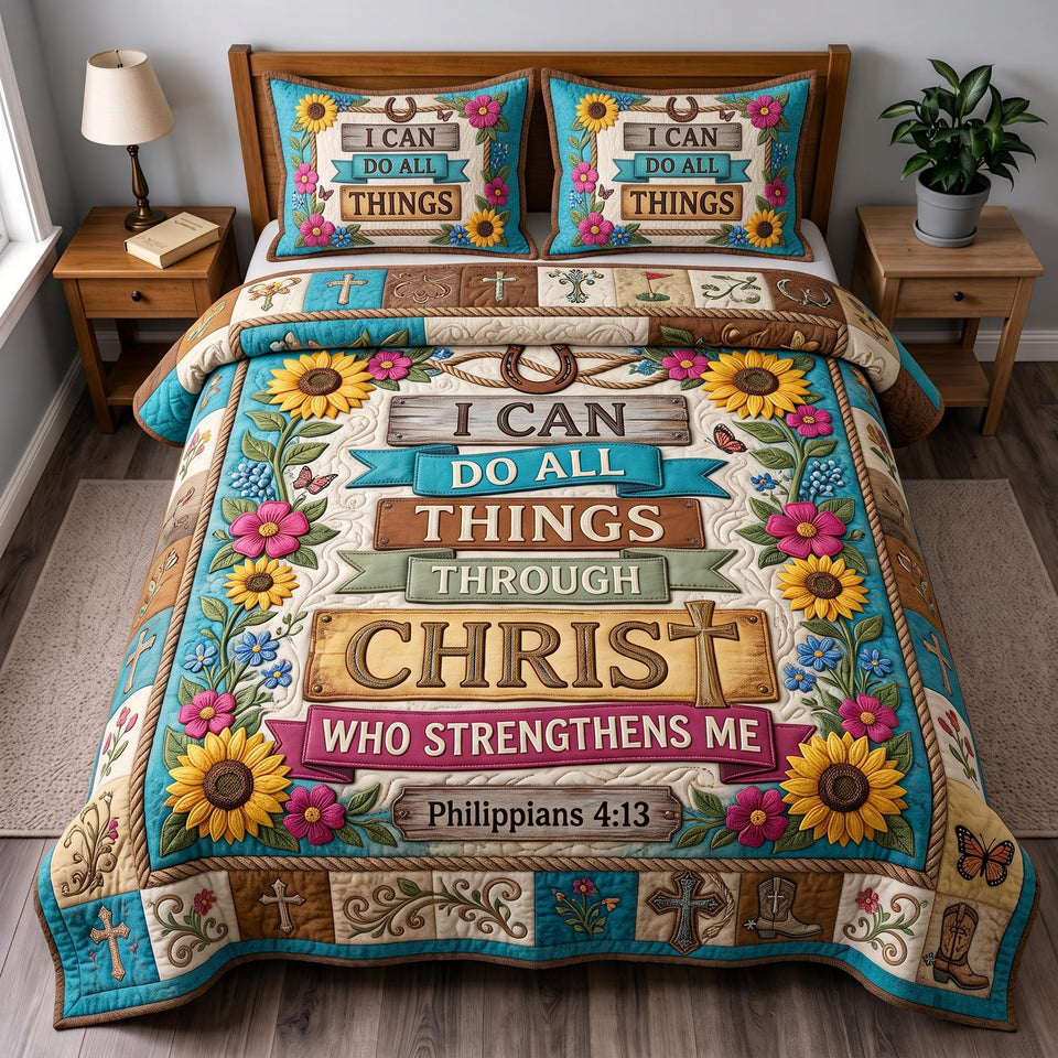 Philippians 413 Sunflower Teal Banner quilted bedding set, quilt and two pillow shams on a made bed