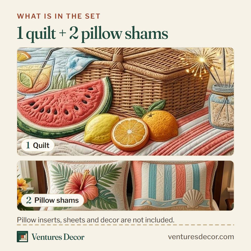 What is in the set: one quilt and two pillow shams, shown in the Picnic Breeze design