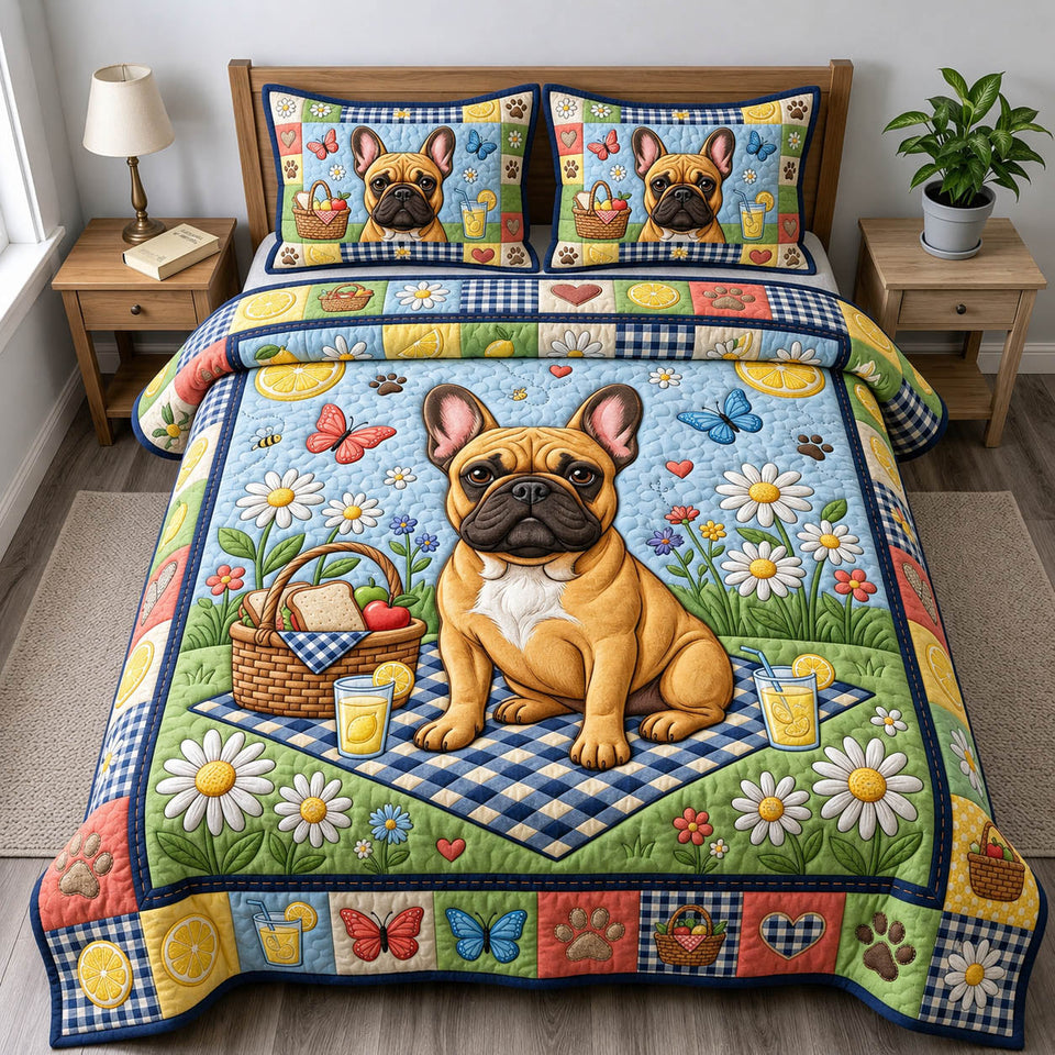 Picnic Day Frenchie quilted bedding set, quilt and two pillow shams on a made bed