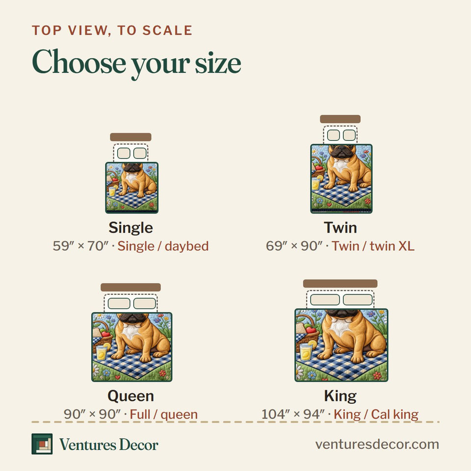 Size guide for the Picnic Day Frenchie quilt, top view to scale: Single 59 x 70 in, Twin 69 x 90 in, Queen 90 x 90 in, King 104 x 94 in