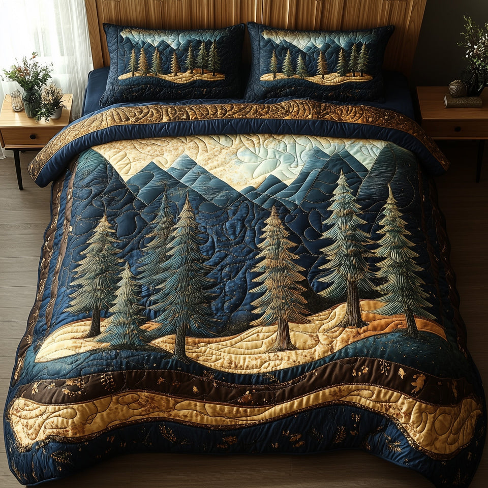 Pine Silhouette Summits quilted bedding set, quilt and two pillow shams on a made bed