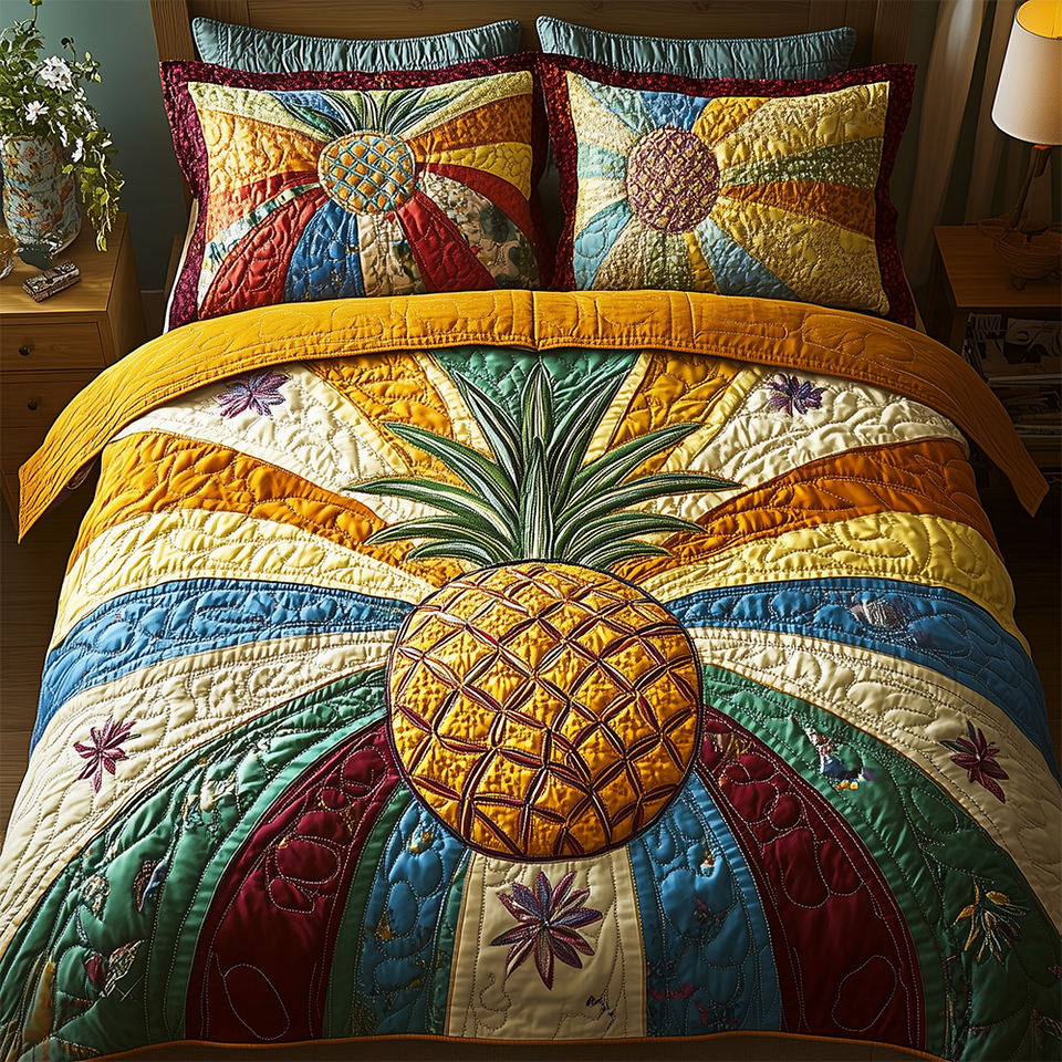 Pineapple Circle on Rainbow Arcs quilted bedding set, quilt and two pillow shams on a made bed