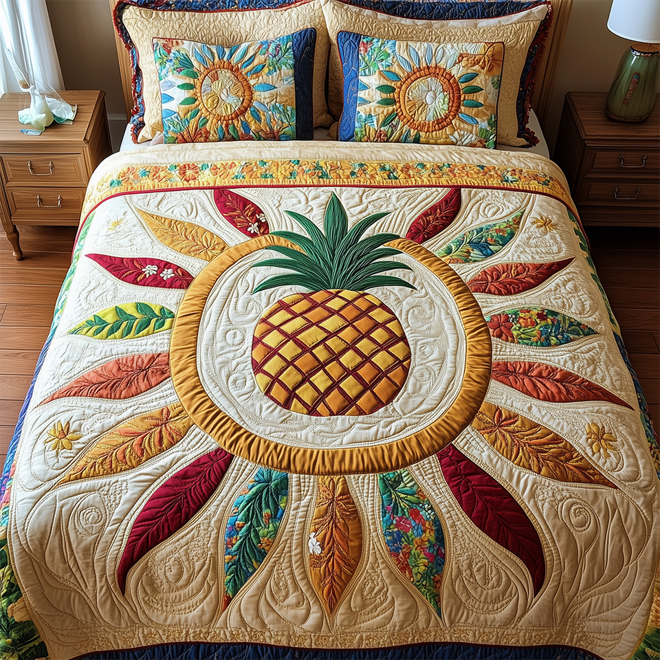 Pineapple Sun Boho Crest quilted bedding set, quilt and two pillow shams on a made bed
