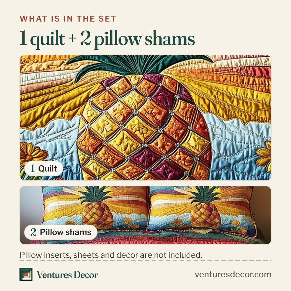 What is in the set: one quilt and two pillow shams, shown in the Pineapple Sunset Stripe Blooms design