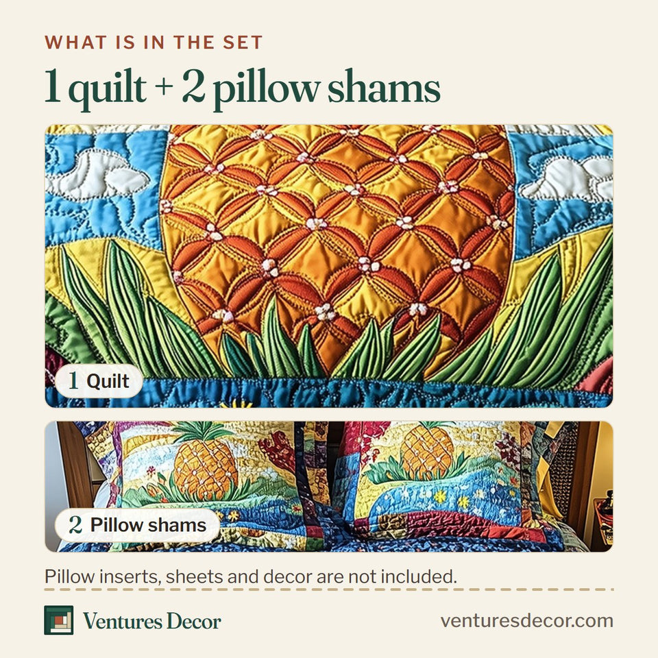 What is in the set: one quilt and two pillow shams, shown in the Pineapple Tall Crown Seaside design