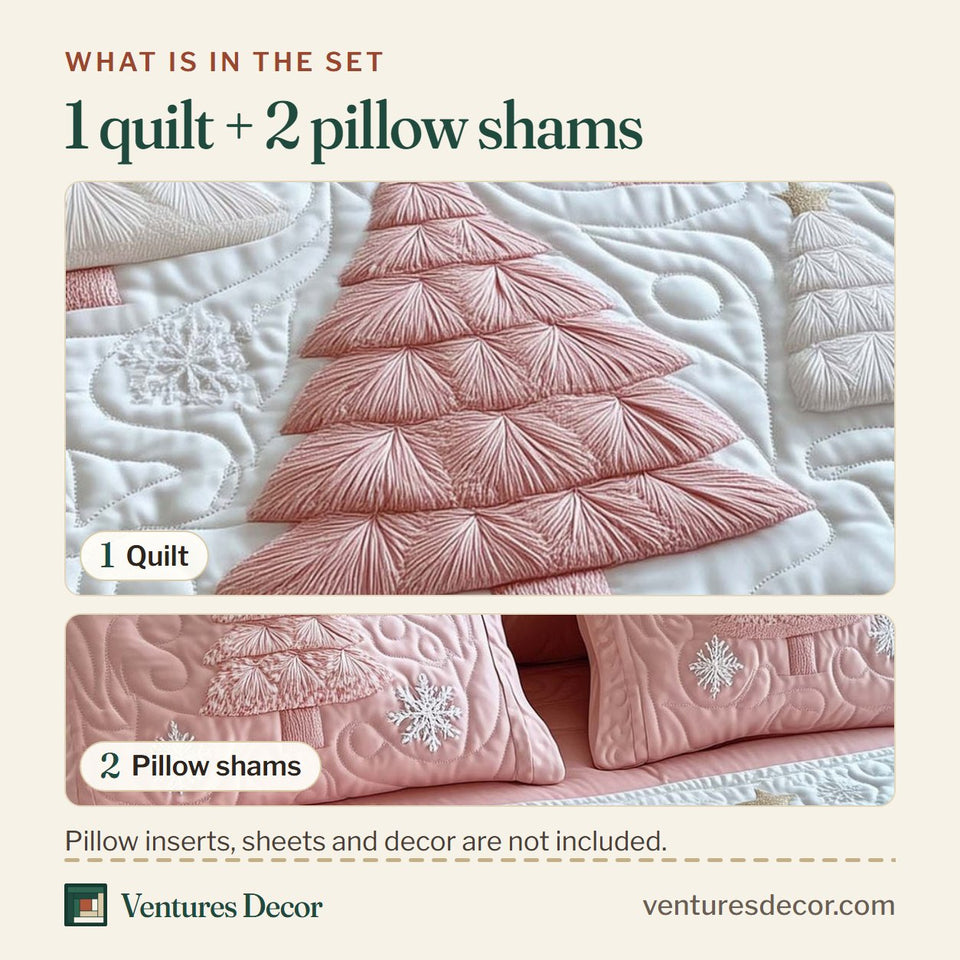 What is in the set: one quilt and two pillow shams, shown in the Pink Christmas Tree Frost design