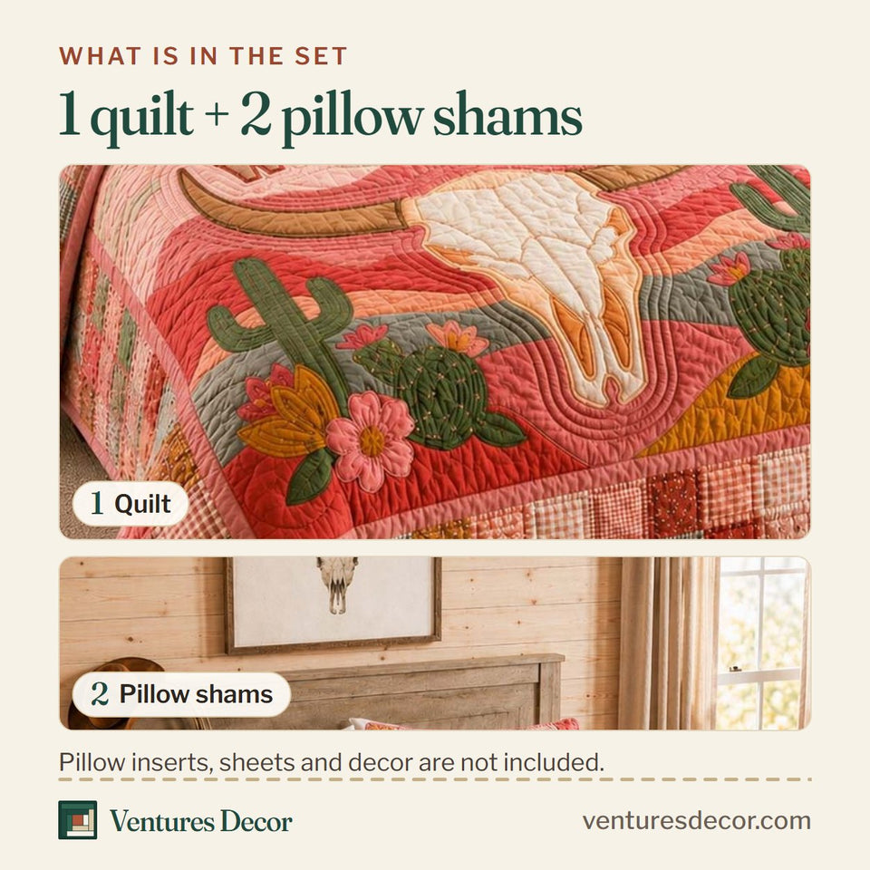 What is in the set: one quilt and two pillow shams, shown in the Pink Desert Skull design