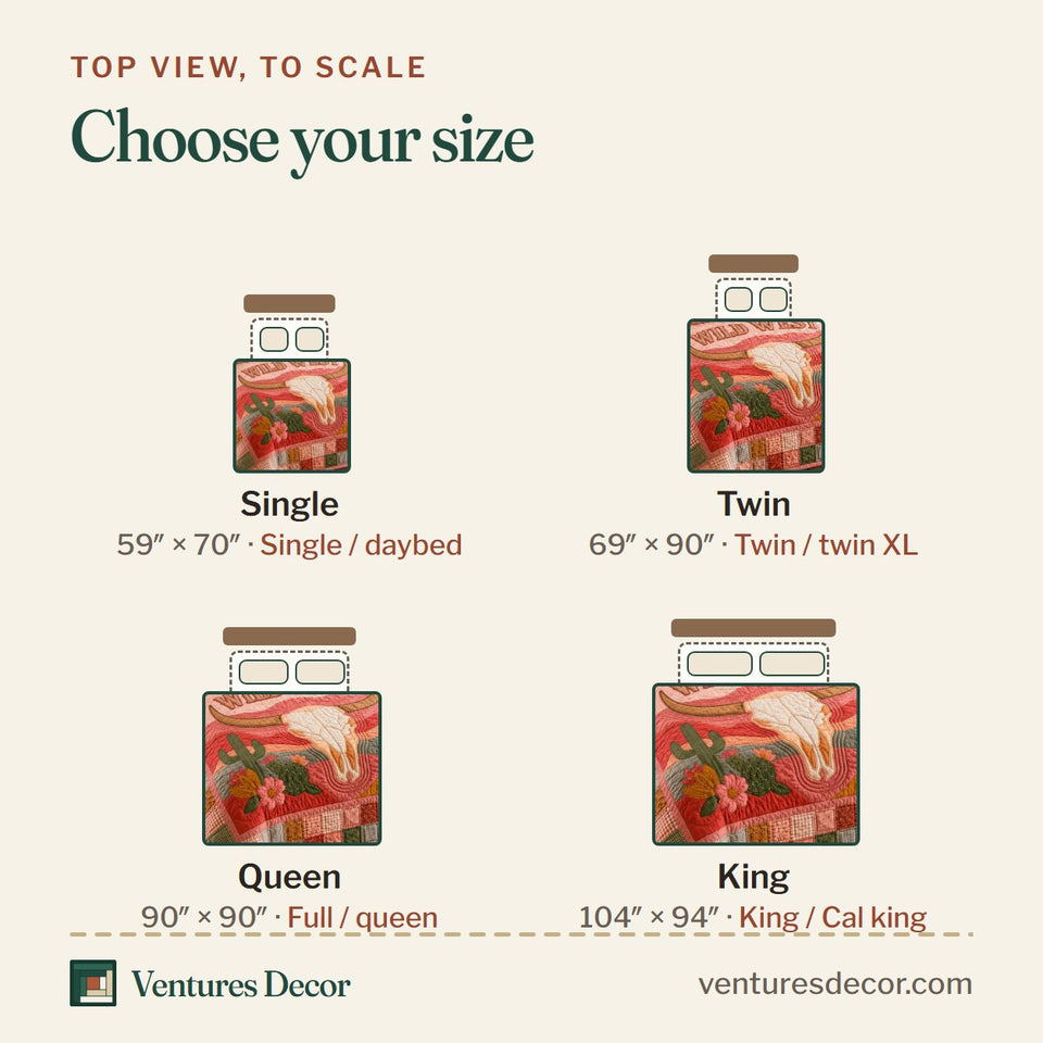 Size guide for the Pink Desert Skull quilt, top view to scale: Single 59 x 70 in, Twin 69 x 90 in, Queen 90 x 90 in, King 104 x 94 in