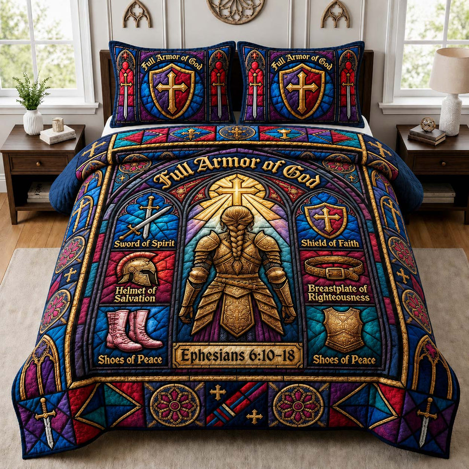 Pink Faith Warrior quilted bedding set, quilt and two pillow shams on a made bed