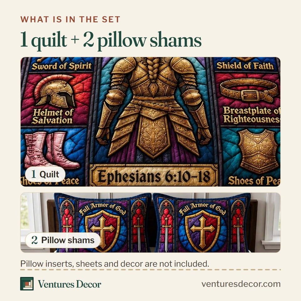 What is in the set: one quilt and two pillow shams, shown in the Pink Faith Warrior design