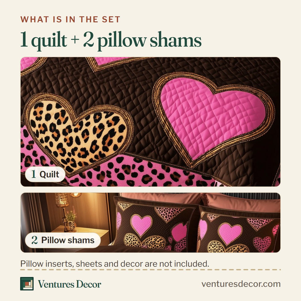 What is in the set: one quilt and two pillow shams, shown in the Pink Leopard Heart Polka Dot Trim design