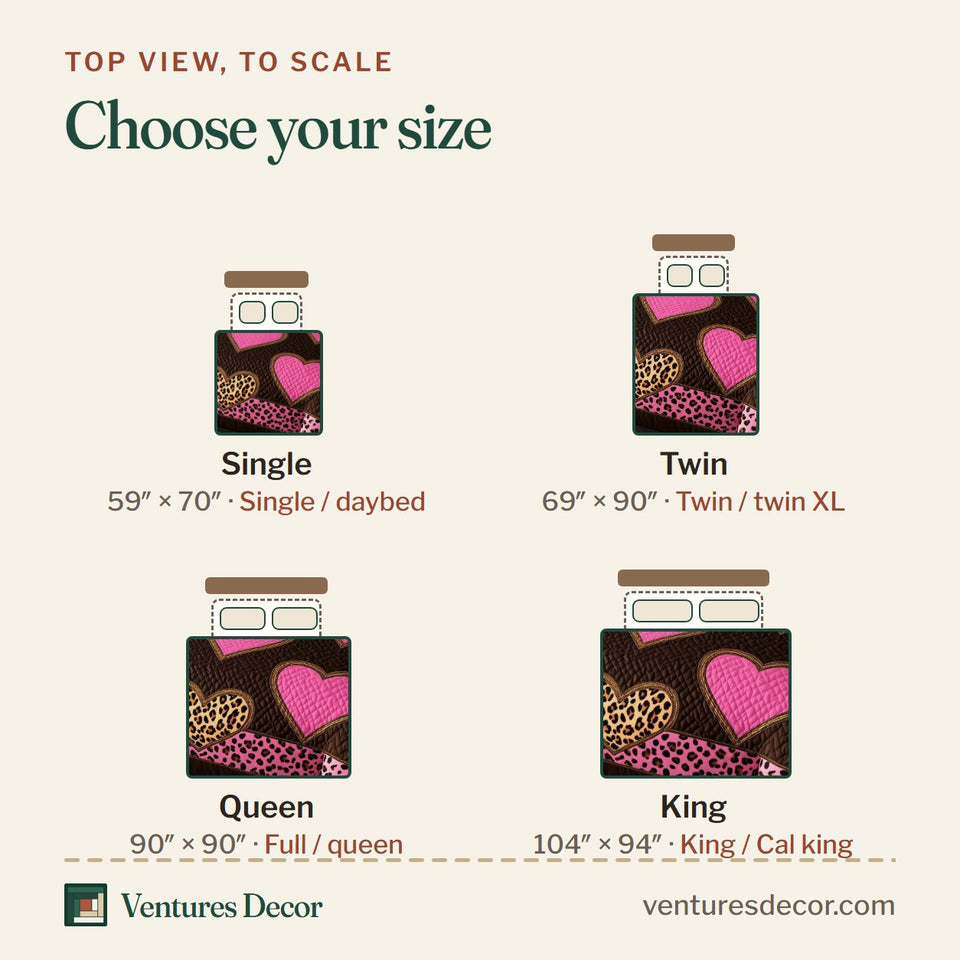 Size guide for the Pink Leopard Heart Polka Dot Trim quilt, top view to scale: Single 59 x 70 in, Twin 69 x 90 in, Queen 90 x 90 in, King 104 x 94 in