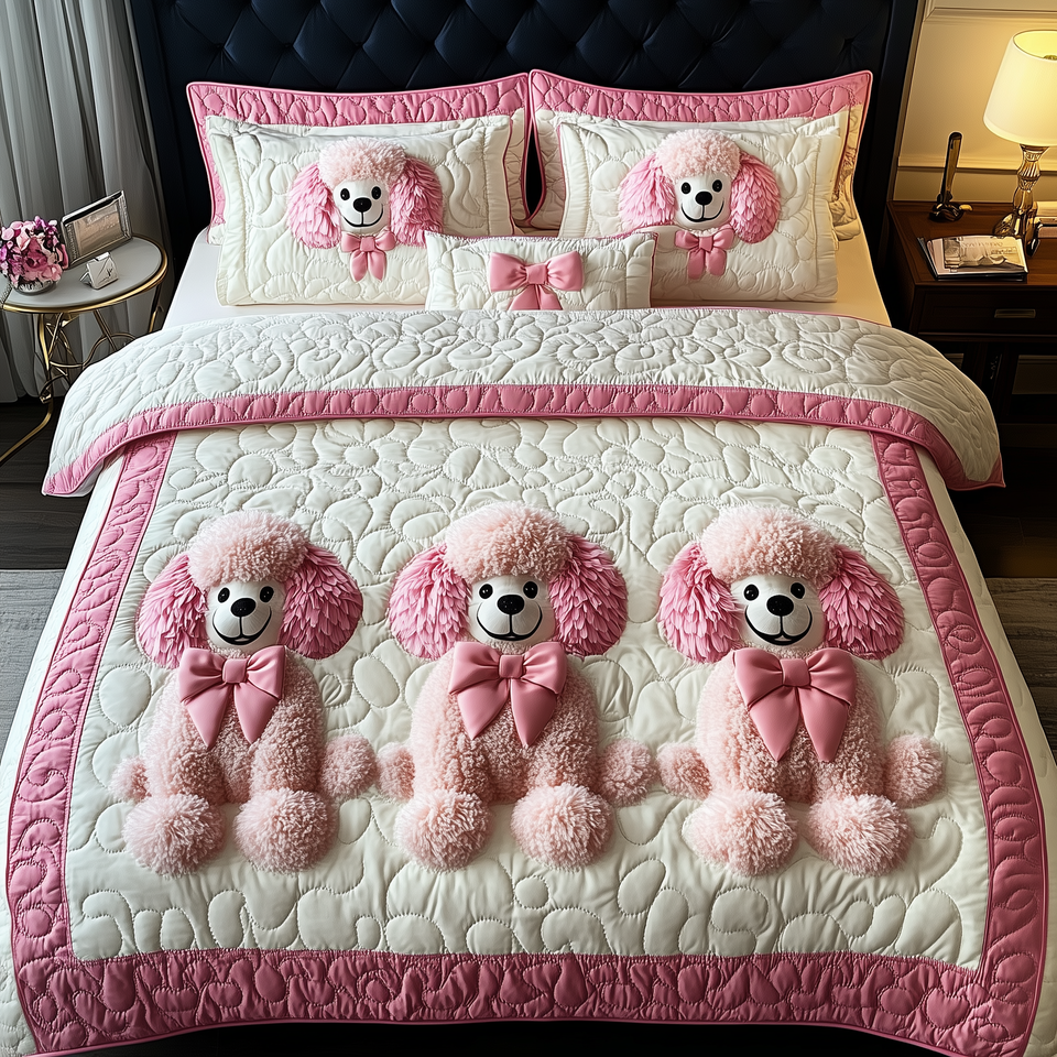 Pink Poodle Trio quilted bedding set, quilt and two pillow shams on a made bed