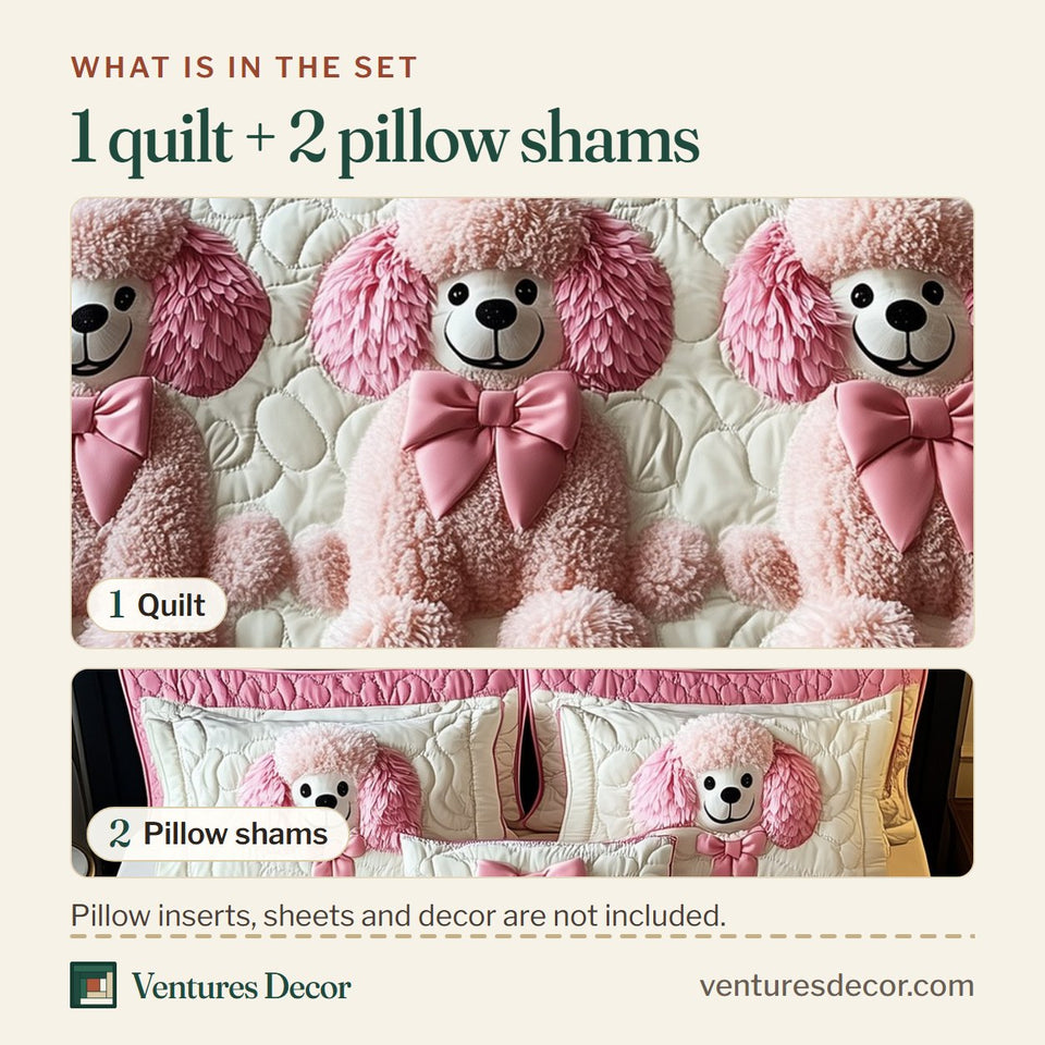 What is in the set: one quilt and two pillow shams, shown in the Pink Poodle Trio design
