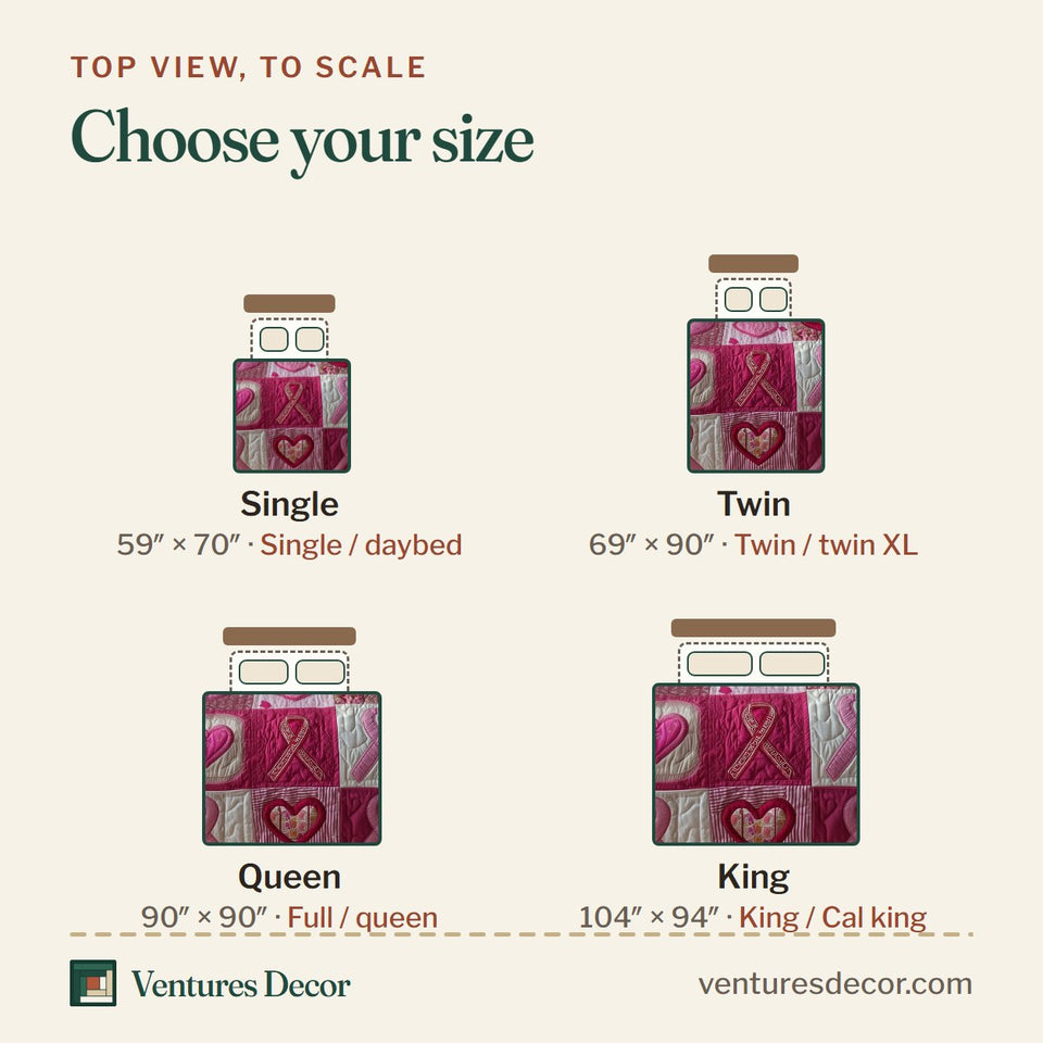 Size guide for the Pink Ribbon Hearts Courage quilt, top view to scale: Single 59 x 70 in, Twin 69 x 90 in, Queen 90 x 90 in, King 104 x 94 in
