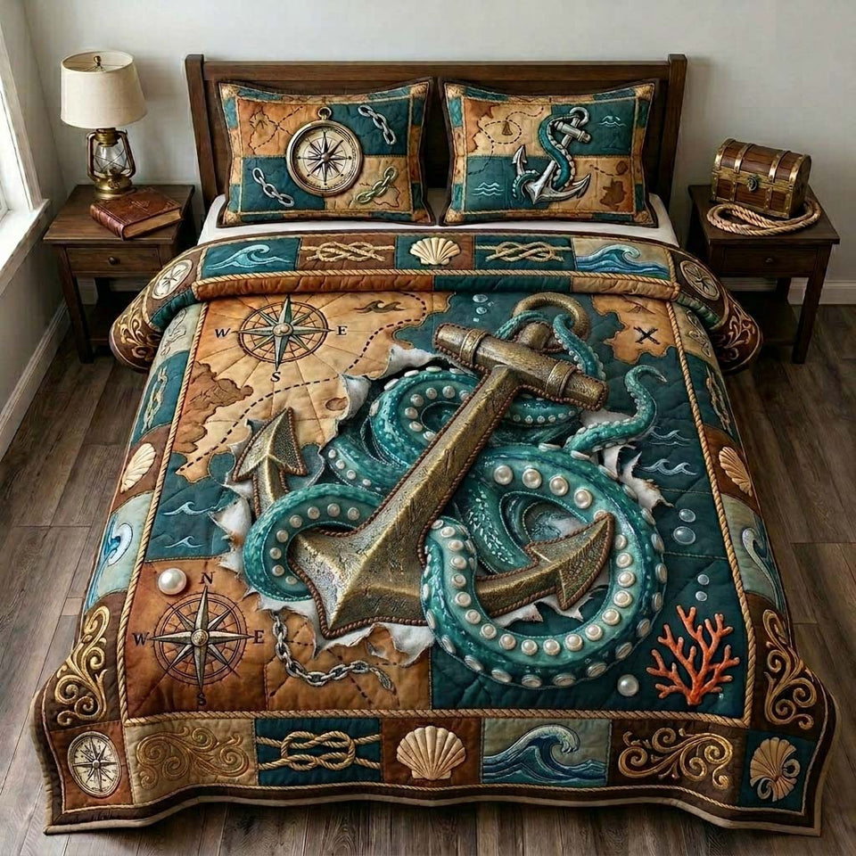 Pirate Anchor Kraken quilted bedding set, quilt and two pillow shams on a made bed