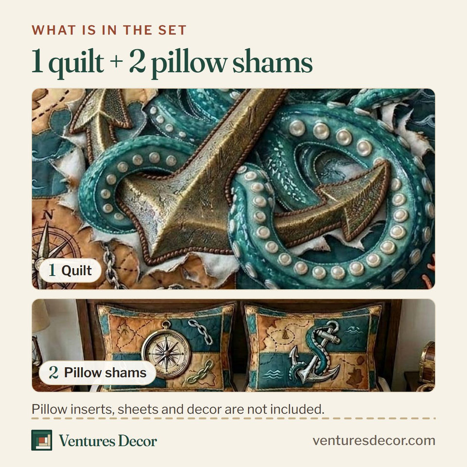 What is in the set: one quilt and two pillow shams, shown in the Pirate Anchor Kraken design