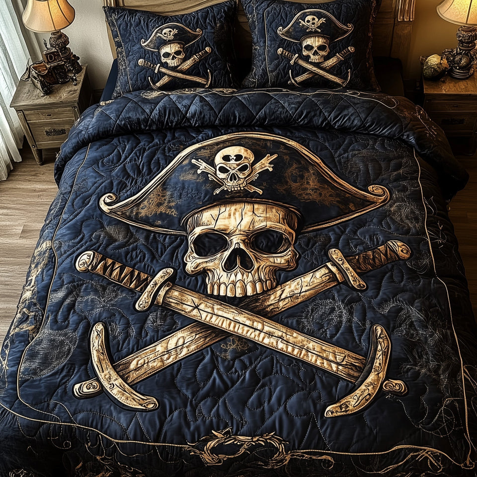 Pirate Skull Crossblades quilted bedding set, quilt and two pillow shams on a made bed
