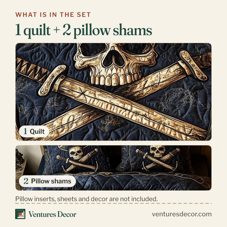 What is in the set: one quilt and two pillow shams, shown in the Pirate Skull Crossblades design