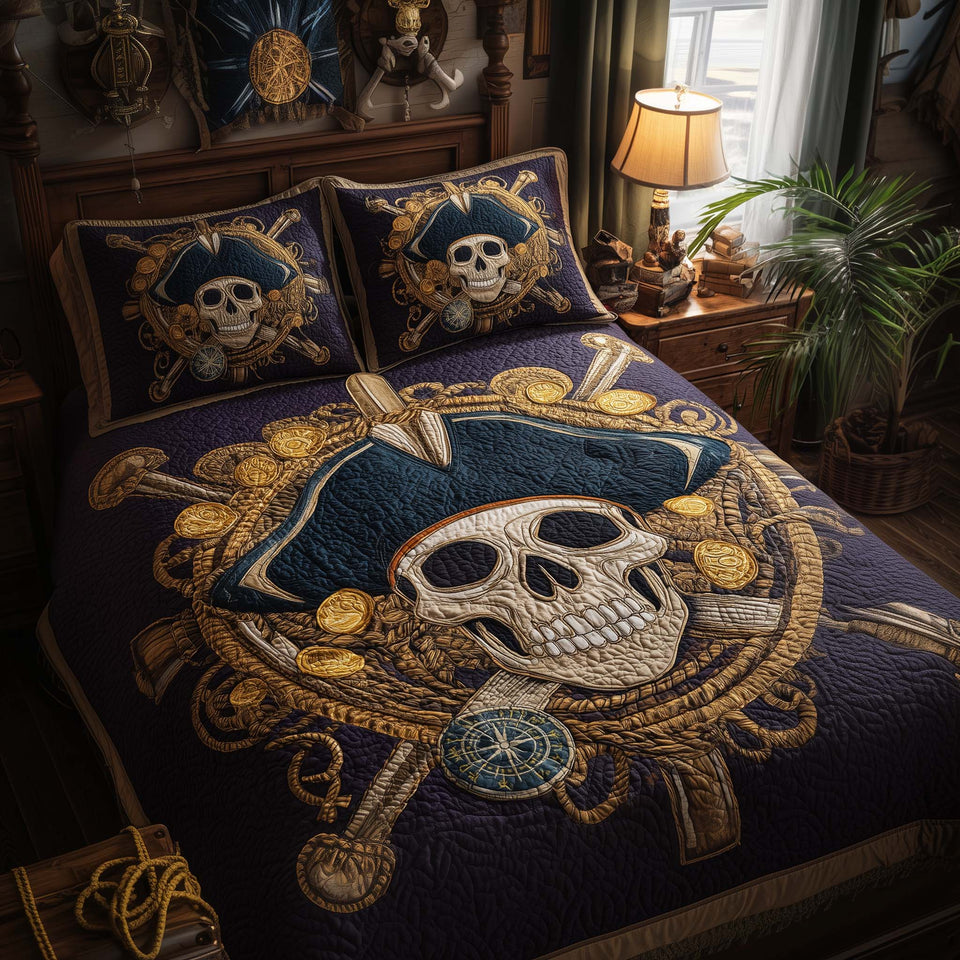 Pirate Skull Treasure Flag quilted bedding set, quilt and two pillow shams on a made bed