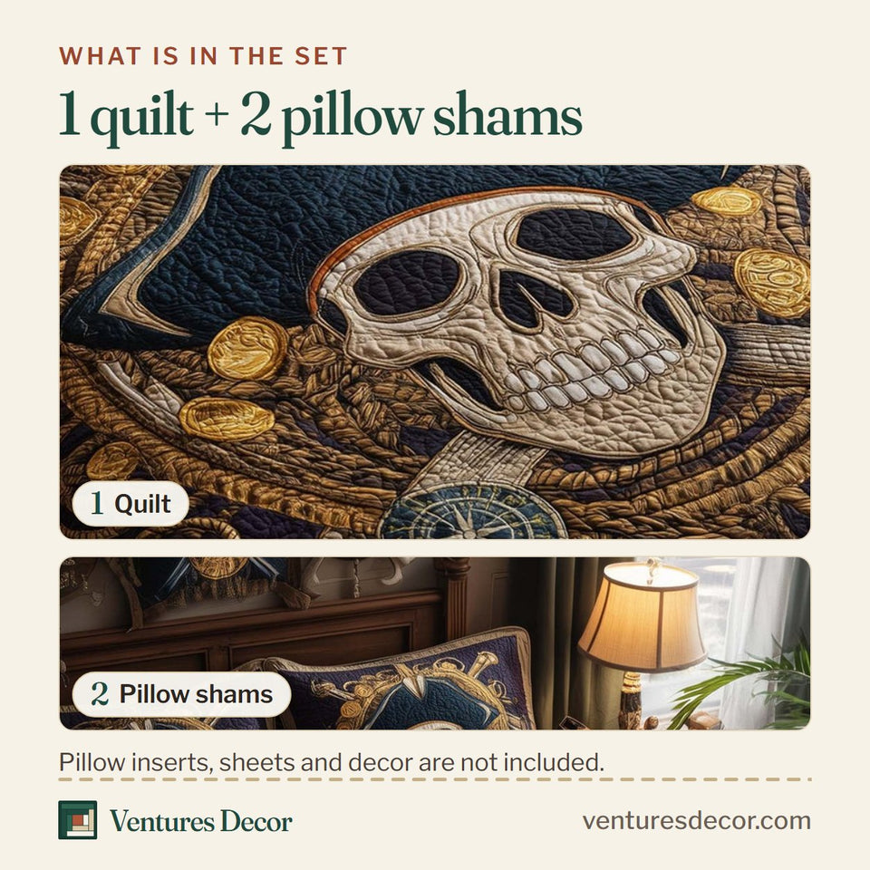 What is in the set: one quilt and two pillow shams, shown in the Pirate Skull Treasure Flag design