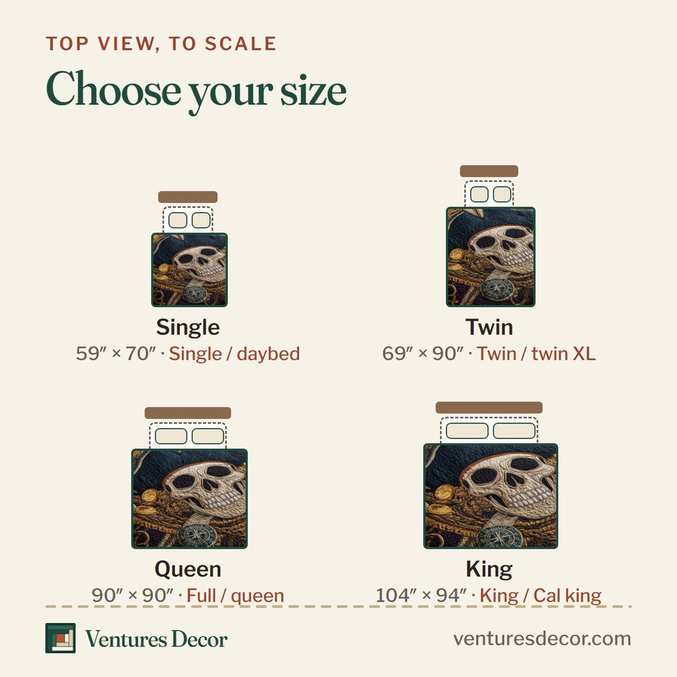 Size guide for the Pirate Skull Treasure Flag quilt, top view to scale: Single 59 x 70 in, Twin 69 x 90 in, Queen 90 x 90 in, King 104 x 94 in
