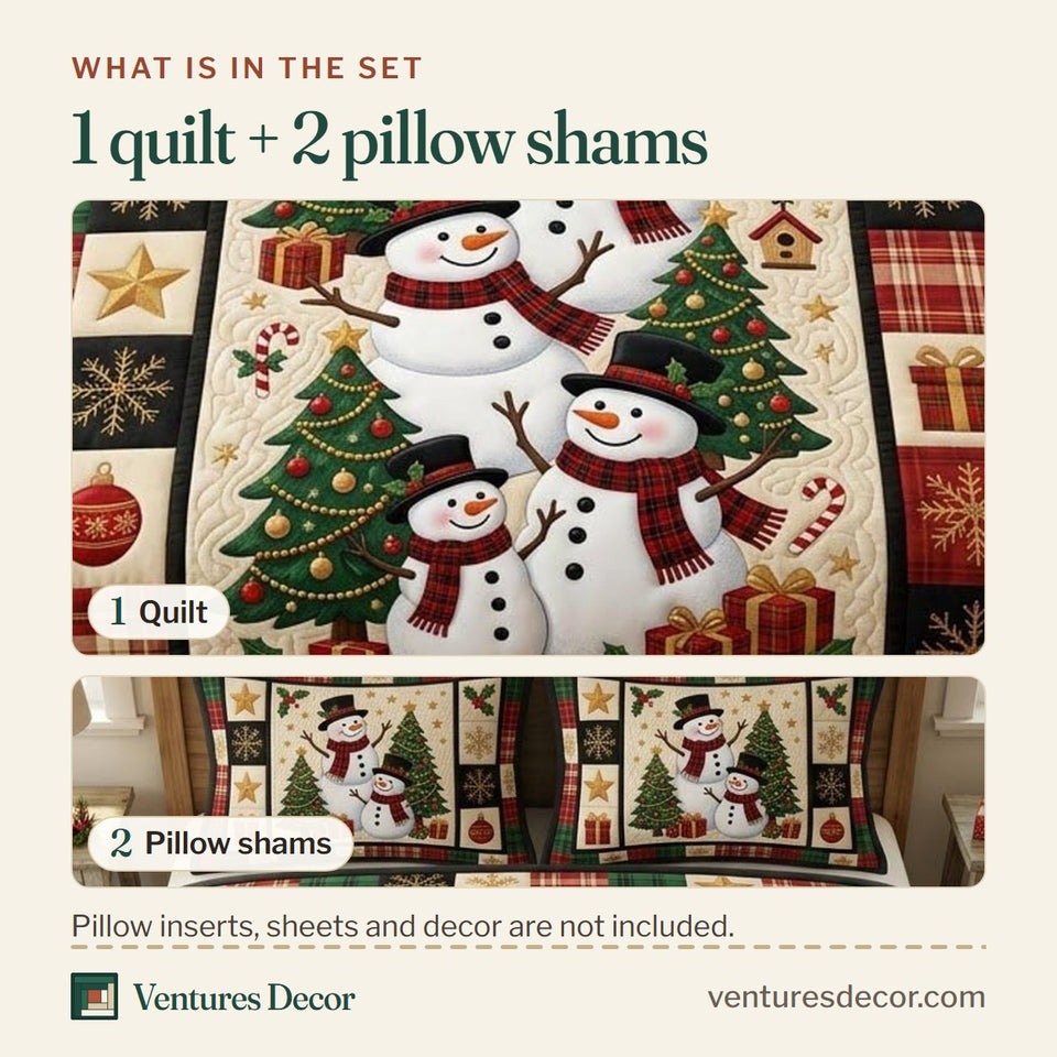 What is in the set: one quilt and two pillow shams, shown in the Plaid Panel Snowmen by the Trees design