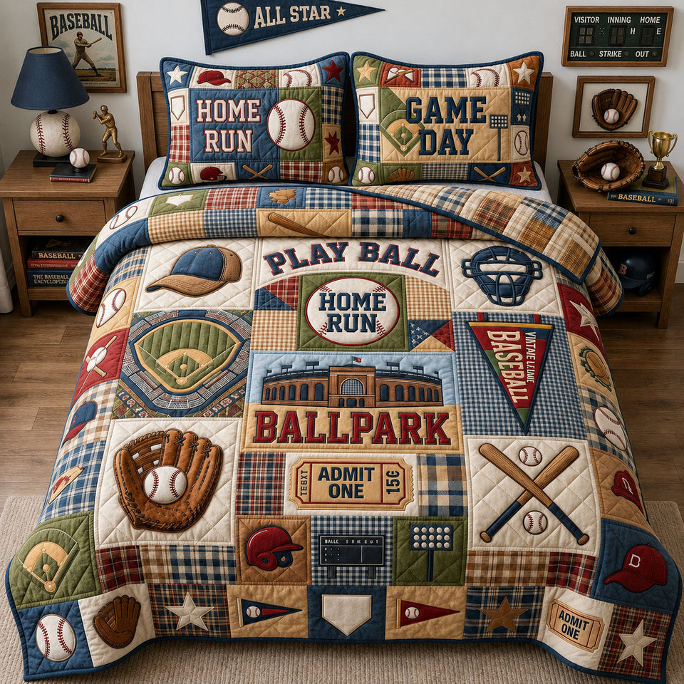 Play Ball quilted bedding set, quilt and two pillow shams on a made bed