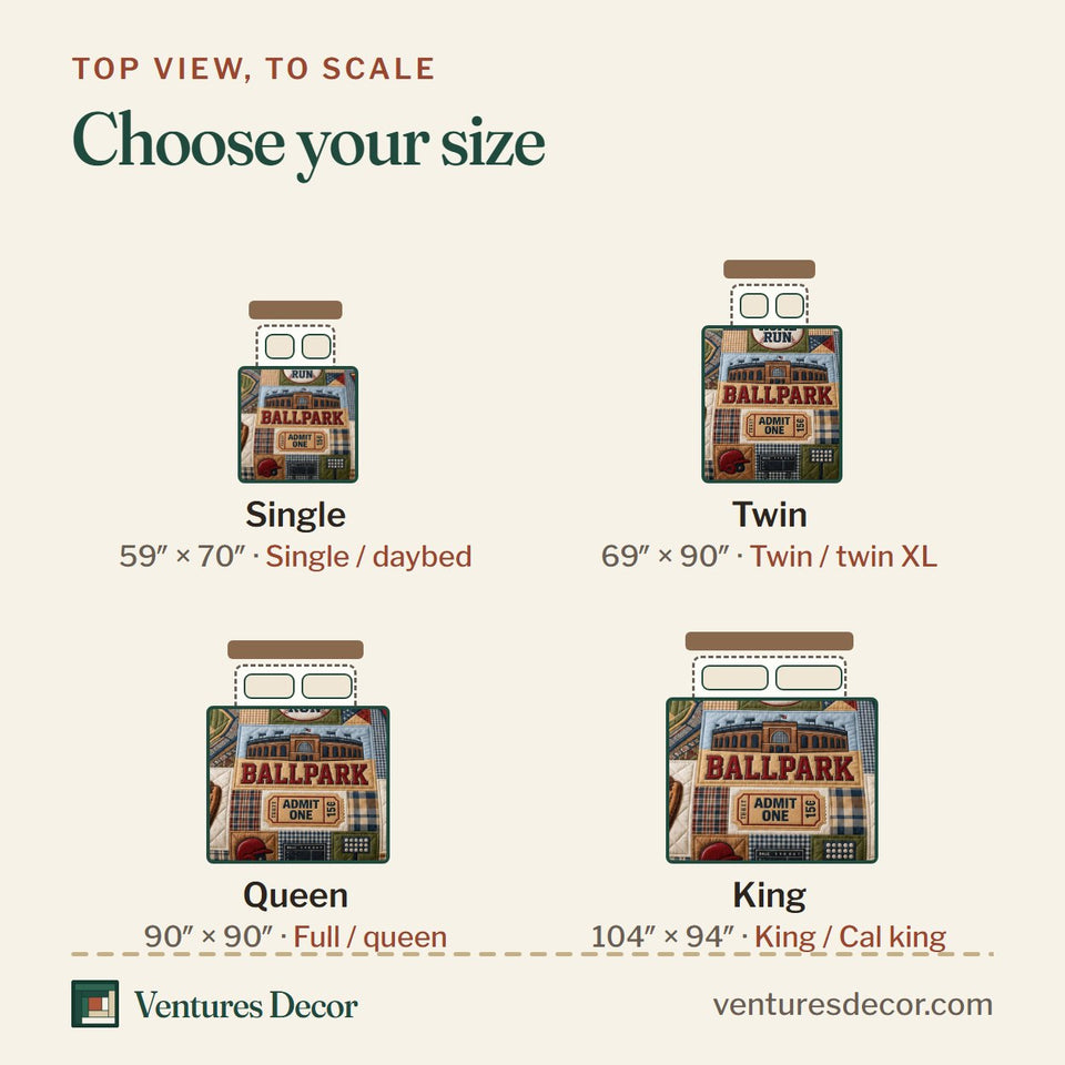 Size guide for the Play Ball quilt, top view to scale: Single 59 x 70 in, Twin 69 x 90 in, Queen 90 x 90 in, King 104 x 94 in