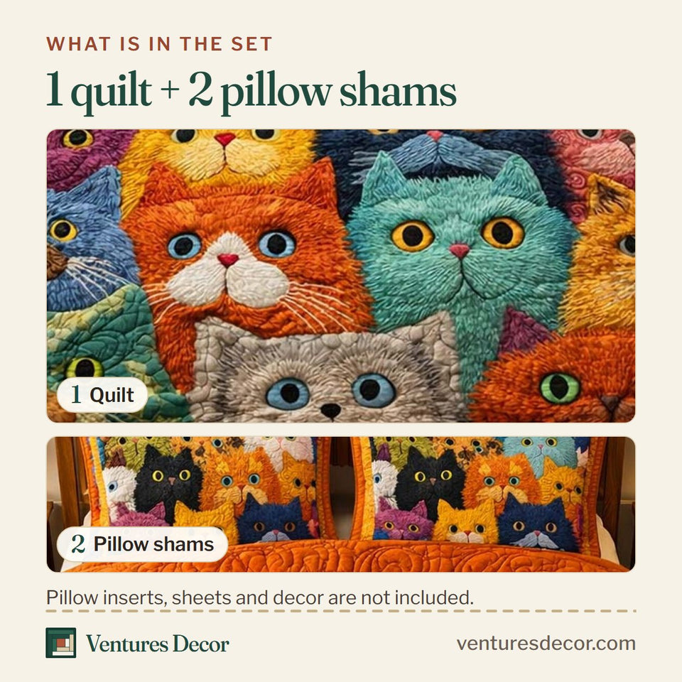 What is in the set: one quilt and two pillow shams, shown in the Playful Cats design