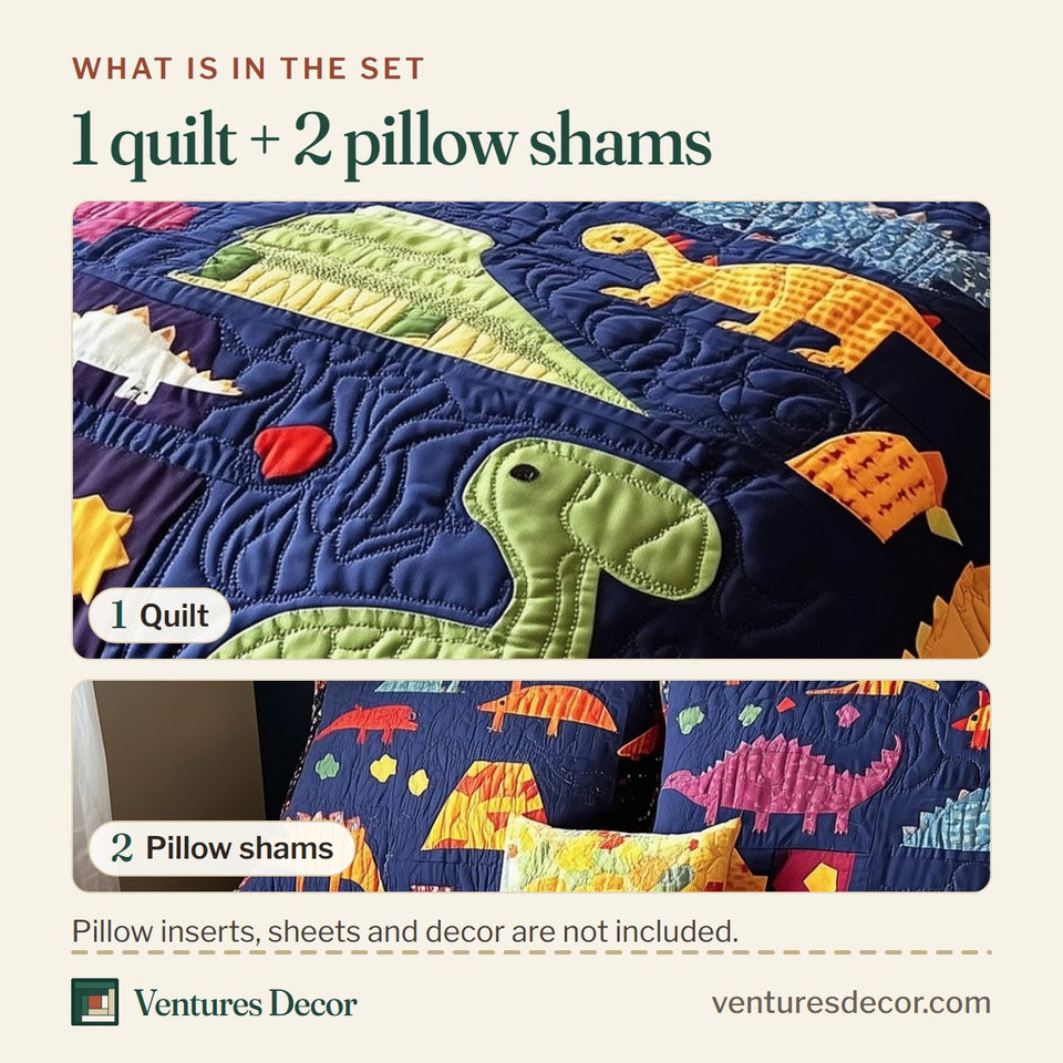 What is in the set: one quilt and two pillow shams, shown in the Playful Dinosaurs Bone and Fish Blocks design