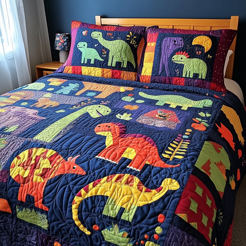 Playful Dinosaurs Red Block Parade quilted bedding set, quilt and two pillow shams on a made bed