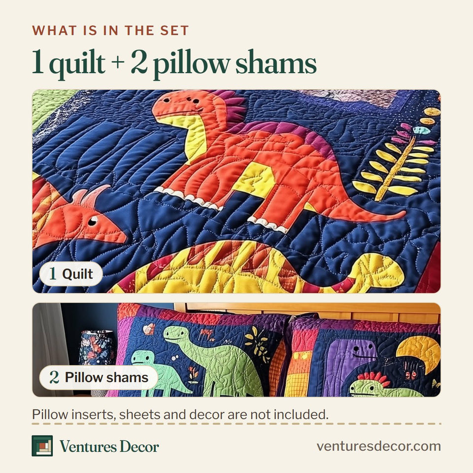 What is in the set: one quilt and two pillow shams, shown in the Playful Dinosaurs Red Block Parade design