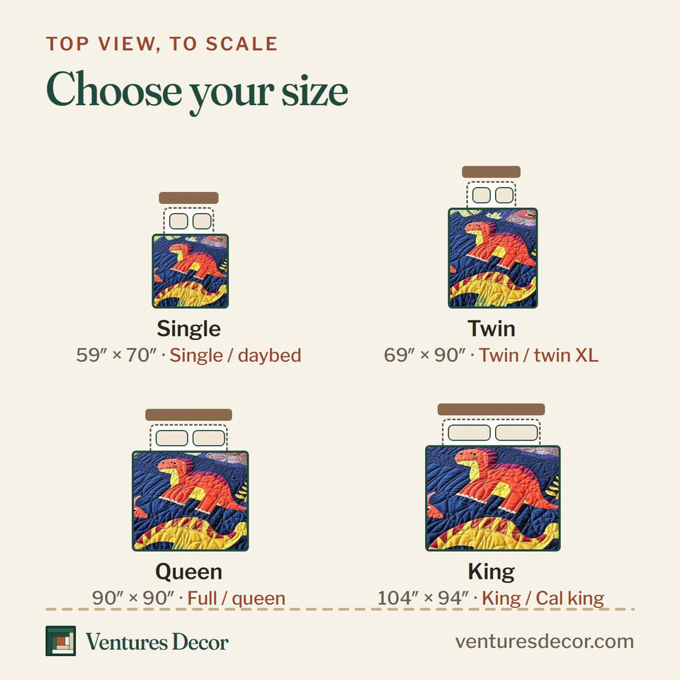Size guide for the Playful Dinosaurs Red Block Parade quilt, top view to scale: Single 59 x 70 in, Twin 69 x 90 in, Queen 90 x 90 in, King 104 x 94 in
