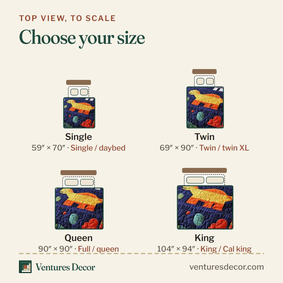 Size guide for the Playful Dinosaurs Star and Moon Patch quilt, top view to scale: Single 59 x 70 in, Twin 69 x 90 in, Queen 90 x 90 in, King 104 x 94 in