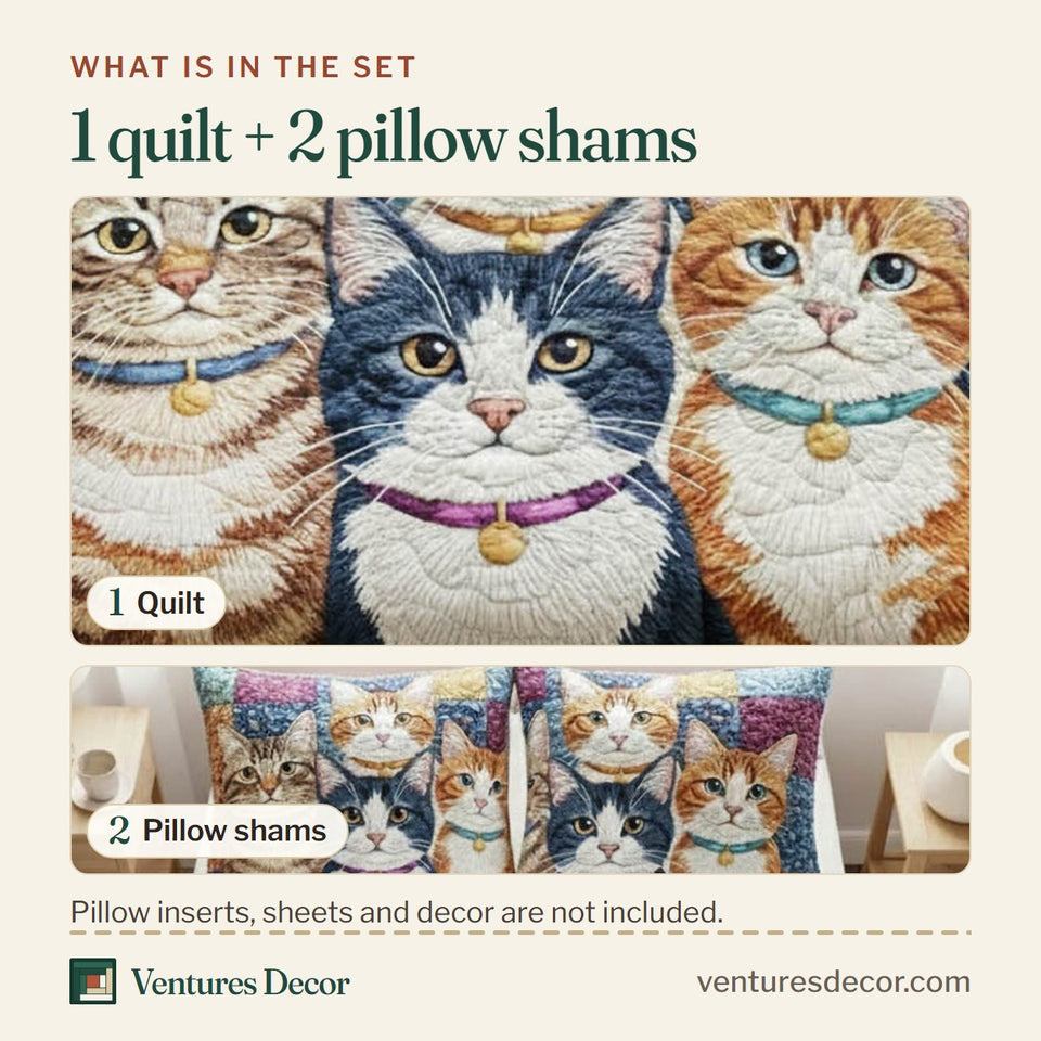 What is in the set: one quilt and two pillow shams, shown in the Playful Kitten Trio design