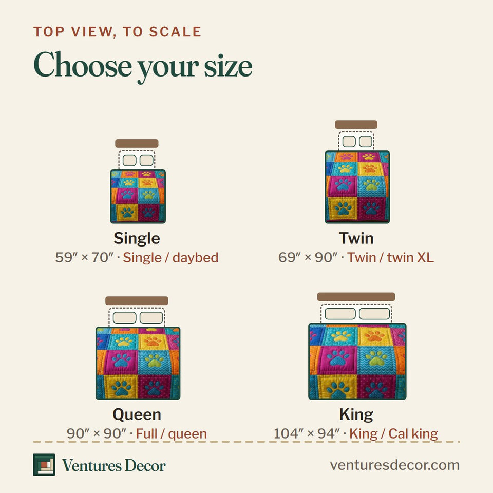 Size guide for the Playful Paws Rainbow Blocks quilt, top view to scale: Single 59 x 70 in, Twin 69 x 90 in, Queen 90 x 90 in, King 104 x 94 in