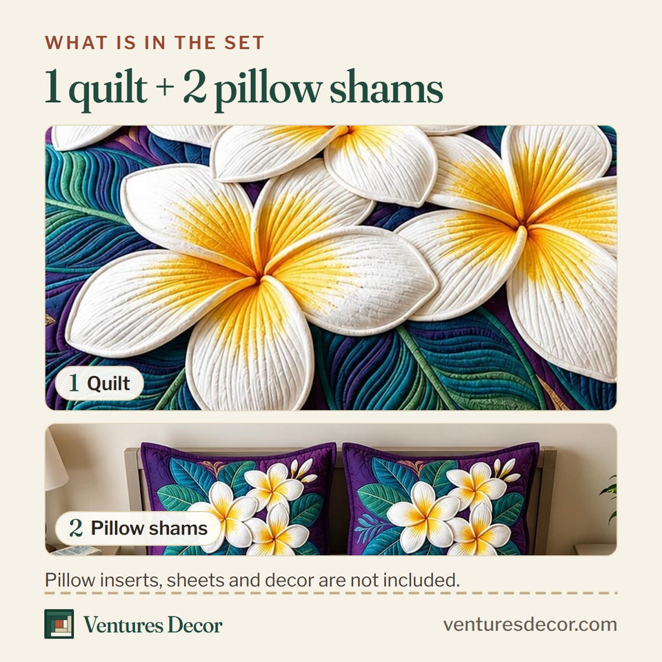 What is in the set: one quilt and two pillow shams, shown in the Plumeria Blossom design