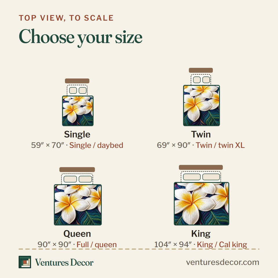 Size guide for the Plumeria Blossom quilt, top view to scale: Single 59 x 70 in, Twin 69 x 90 in, Queen 90 x 90 in, King 104 x 94 in